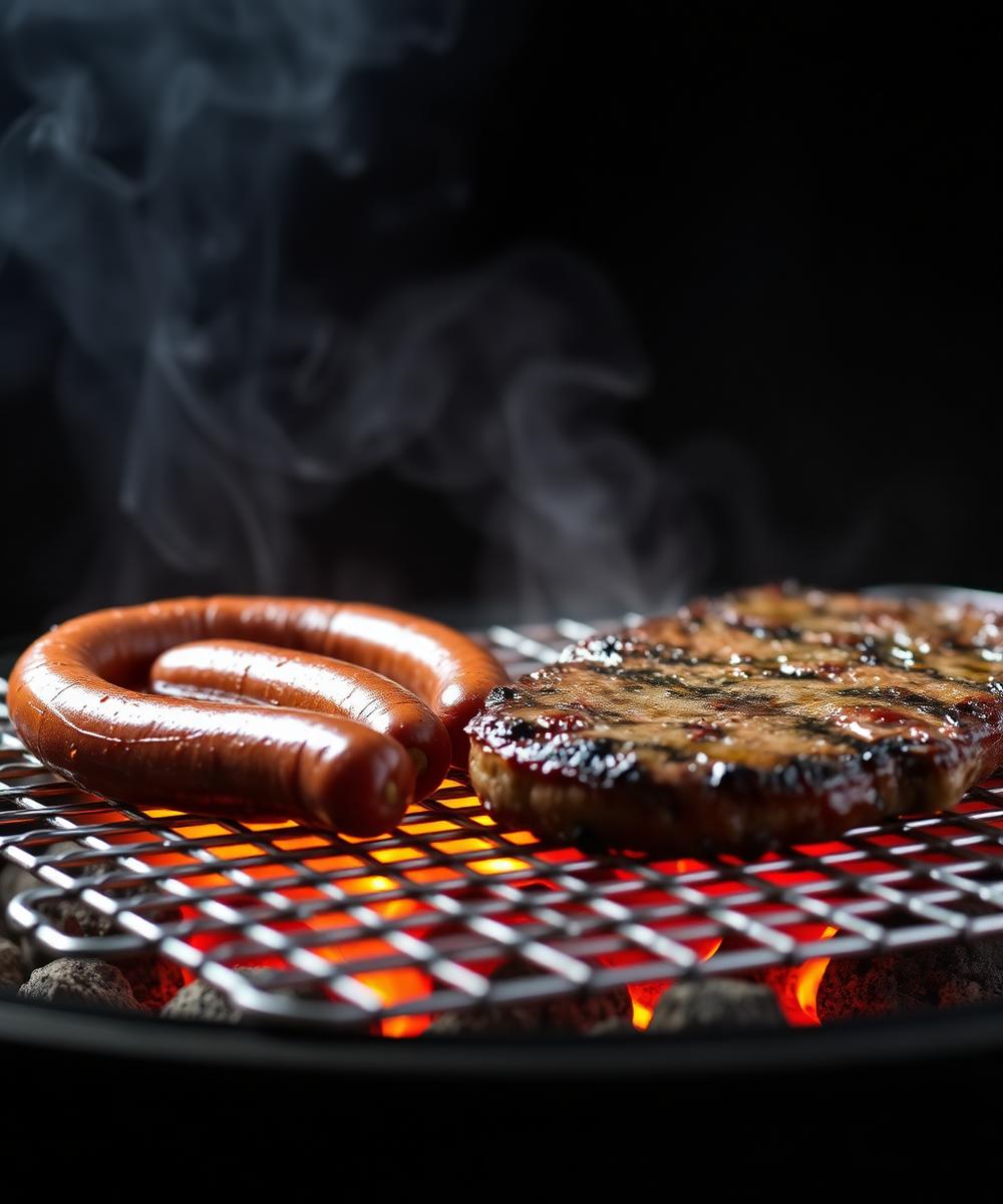 Boerewors and steak on a stainless steel braai grid over coals