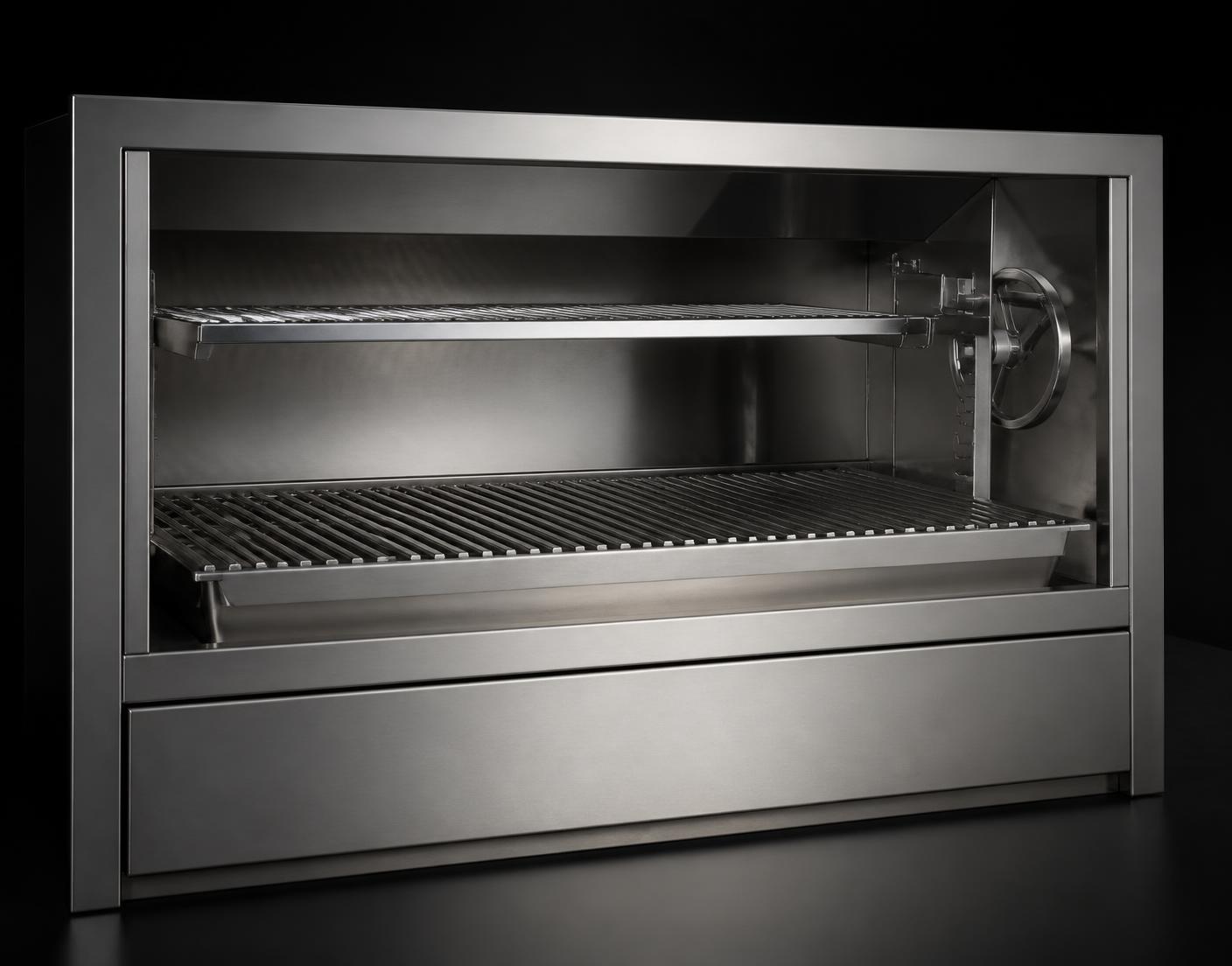 Stainless steel braai with warming rack set up on a patio