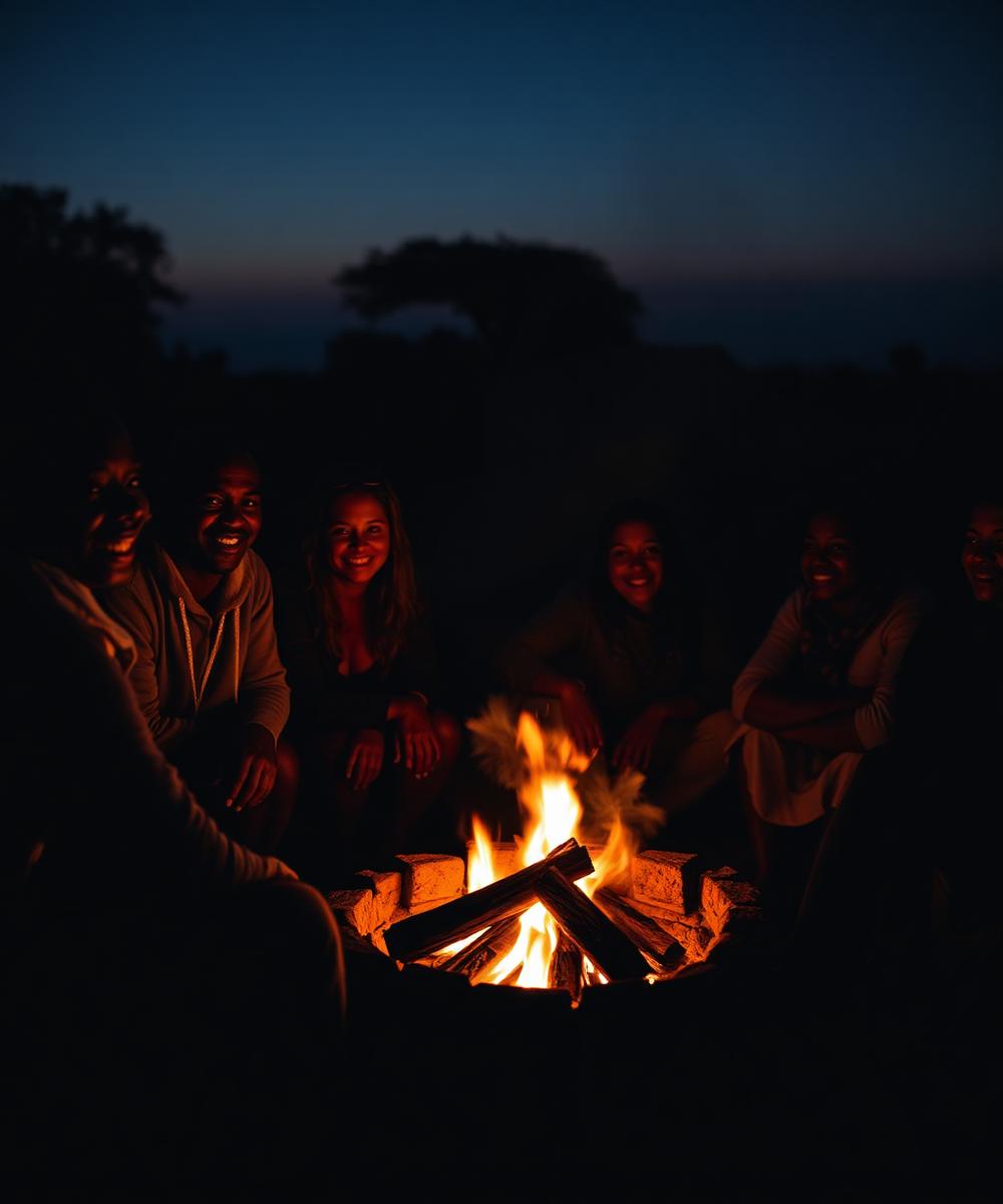 Friends gathered around a fire at a South African lapa